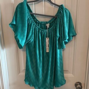 She and Sky Teal Blouse with Ruffle Sleeves